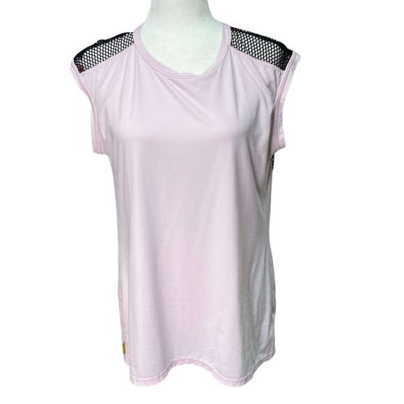 ALALA | sz L Women's Light Pink/Black Mesh Back Sheer Lightweight Active Tee - Picture 1 of 8